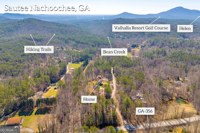 birds eye view of property with a view of trees and a mountain view