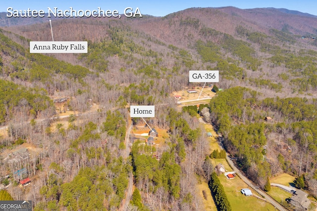 birds eye view of property with a mountain view and a wooded view