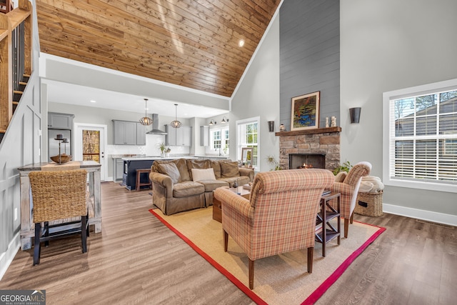 living area with high vaulted ceiling, a stone fireplace, light wood finished floors, baseboards, and wood ceiling