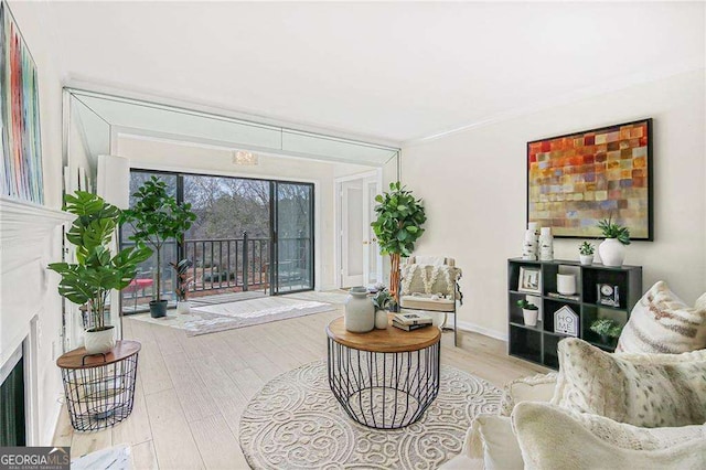 living area featuring a fireplace, baseboards, and wood finished floors