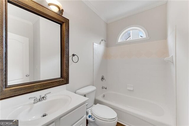full bath featuring shower / tub combination, vanity, toilet, and crown molding