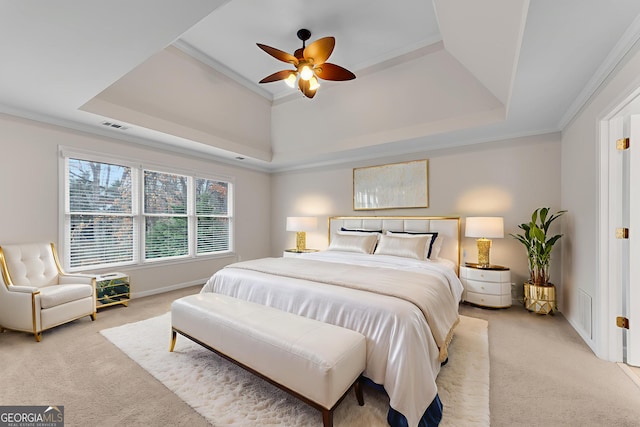 1900 Sanborne Way, Dacula, GA 30019 - bedroom with a tray ceiling, light colored carpet, ornamental molding, and ceiling fan