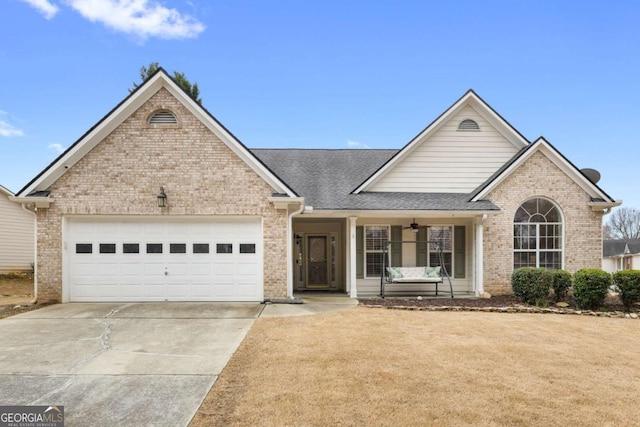 view of front of house featuring brick siding, an attached garage, concrete driveway, and roof with shingles