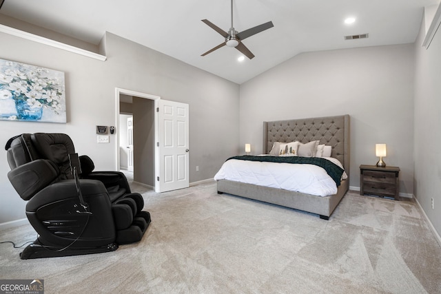 bedroom with visible vents, baseboards, carpet, lofted ceiling, and ceiling fan