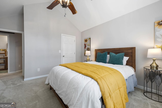 carpeted bedroom featuring baseboards, high vaulted ceiling, and a ceiling fan