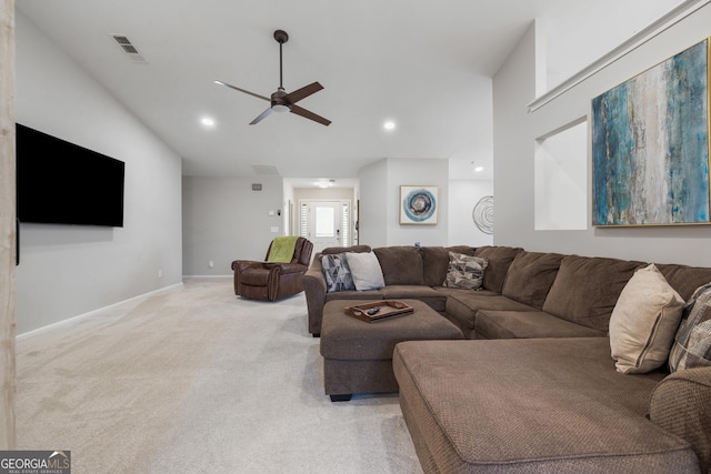 living area featuring visible vents, recessed lighting, baseboards, light colored carpet, and ceiling fan