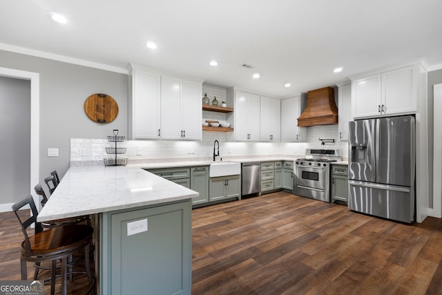 kitchen with dark wood-style floors, appliances with stainless steel finishes, a peninsula, custom exhaust hood, and a sink