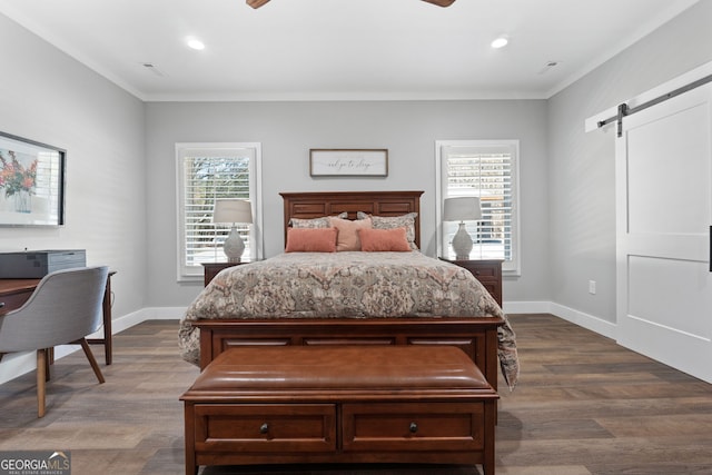 bedroom featuring a barn door, multiple windows, and baseboards