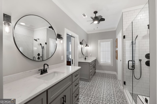 full bathroom with a shower stall, visible vents, and a sink