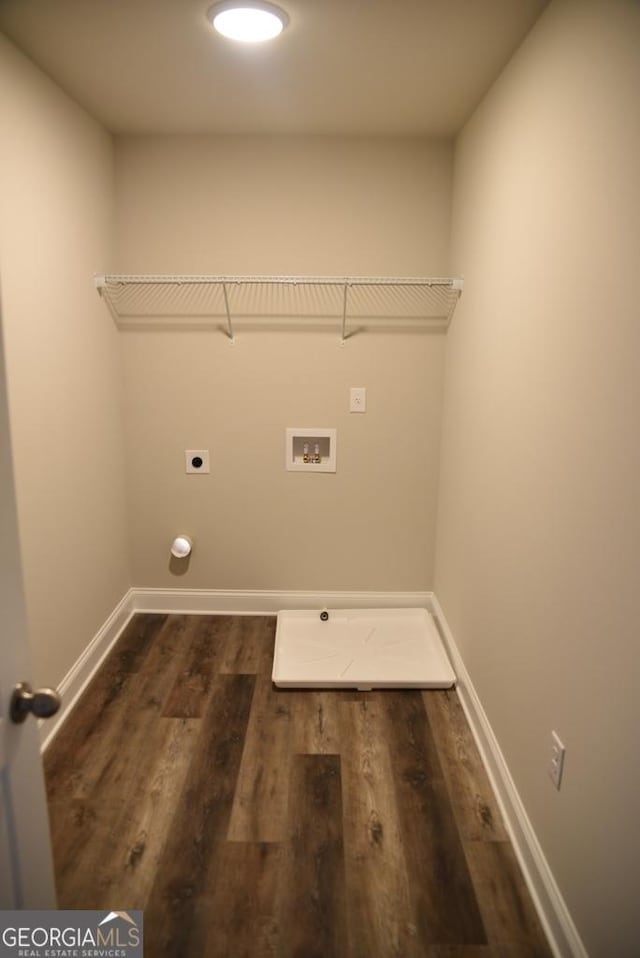 480 Brown Dove Ln, Grayson, GA 30017 - washroom with baseboards, washer hookup, laundry area, dark wood-style floors, and hookup for an electric dryer