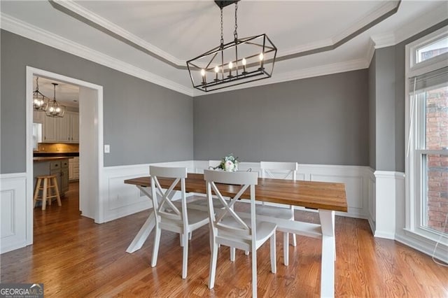 dining room with a raised ceiling, a notable chandelier, wood finished floors, and a wainscoted wall