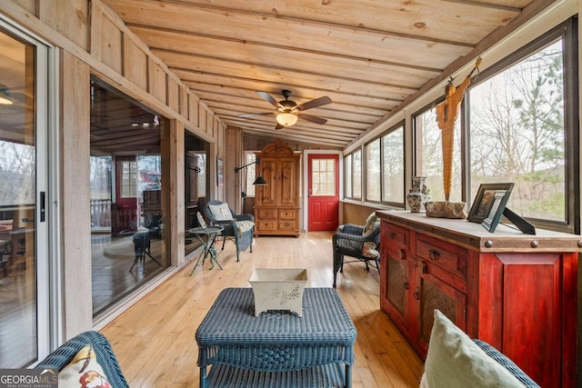 sunroom featuring plenty of natural light, lofted ceiling, wooden ceiling, and a ceiling fan