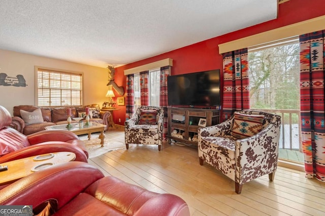 living area featuring a textured ceiling and hardwood / wood-style floors