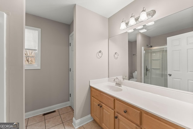 full bathroom featuring tile patterned flooring, visible vents, toilet, a stall shower, and vanity