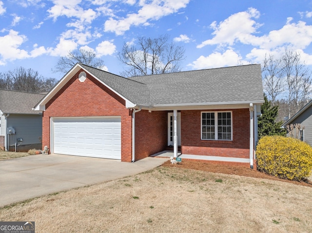 single story home featuring brick siding, concrete driveway, an attached garage, and a shingled roof