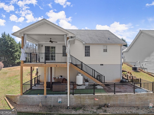 back of property featuring a ceiling fan, a patio, fence, roof with shingles, and stairs