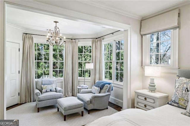 bedroom featuring a notable chandelier and ornamental molding