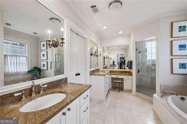 full bathroom with a stall shower, plenty of natural light, visible vents, and a sink