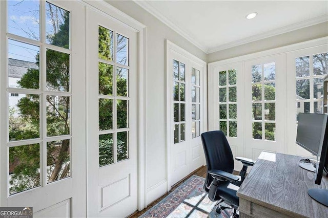 home office featuring wood finished floors, recessed lighting, and ornamental molding