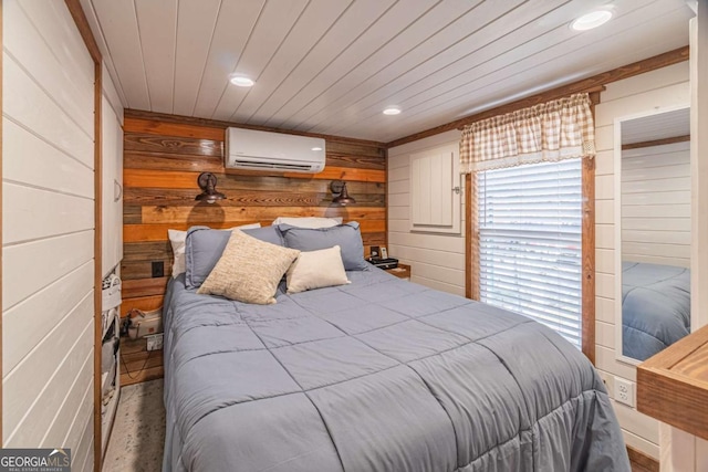 bedroom featuring recessed lighting, wood walls, wood ceiling, and a wall mounted AC