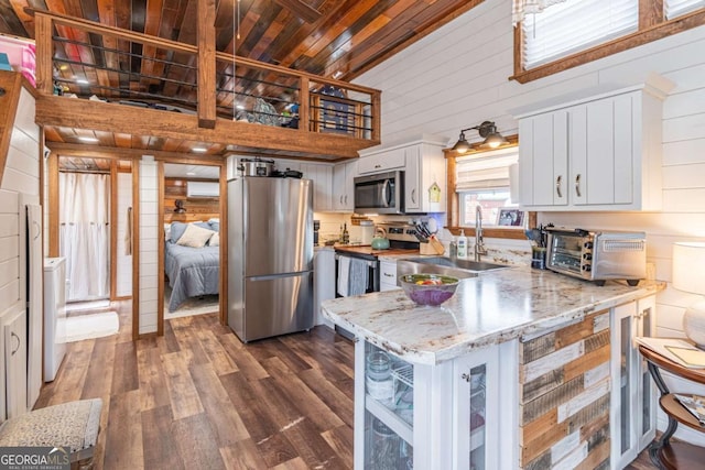 kitchen featuring wood walls, wood ceiling, appliances with stainless steel finishes, a peninsula, and dark wood-style floors