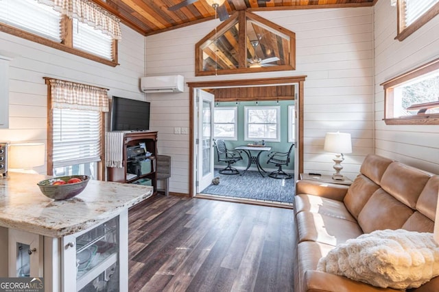 living area featuring high vaulted ceiling, dark wood-type flooring, a wall unit AC, wooden walls, and wood ceiling