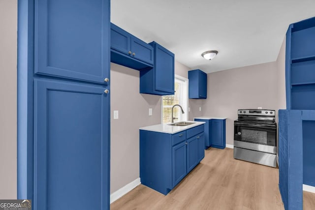 kitchen with blue cabinetry, stainless steel range with electric cooktop, light wood-style floors, and a sink