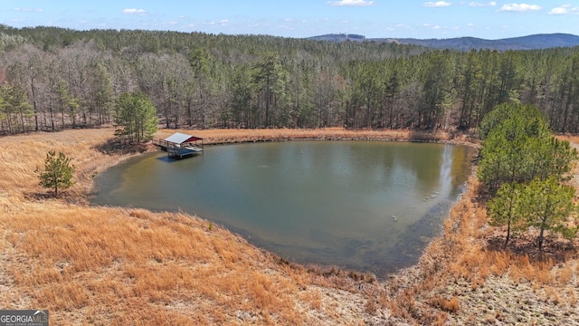 property view of water featuring a floating dock and a view of trees