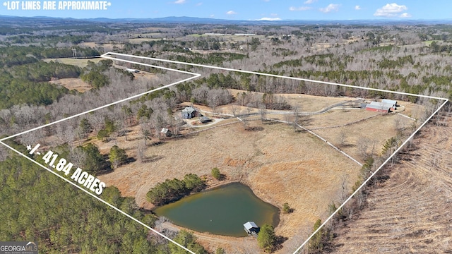 bird's eye view featuring a rural view and a water view