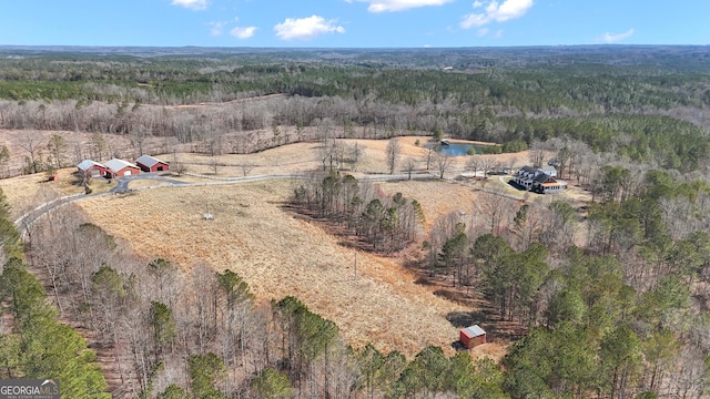 drone / aerial view featuring a view of trees and a rural view