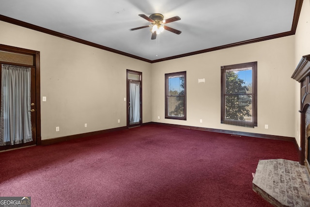 unfurnished living room featuring dark carpet, baseboards, and ornamental molding