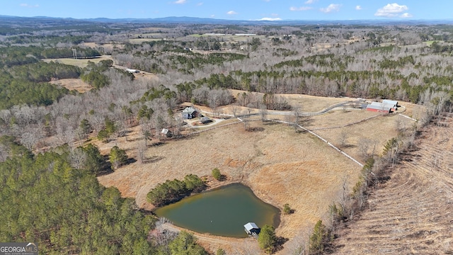 aerial view featuring a view of trees and a water view