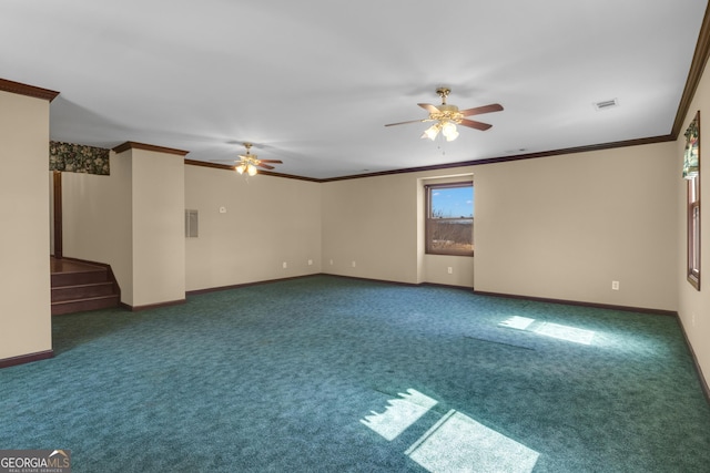 empty room featuring stairway, carpet, visible vents, and ornamental molding