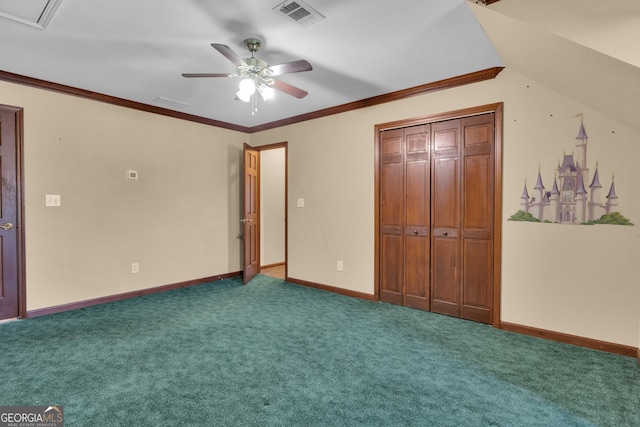 unfurnished bedroom with visible vents, carpet, a closet, and ornamental molding