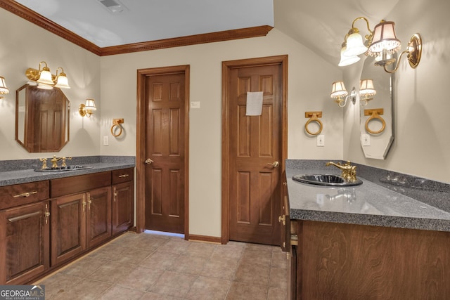 bathroom featuring tile patterned floors, visible vents, ornamental molding, and vanity