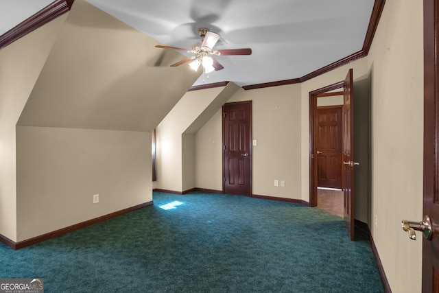 bonus room featuring baseboards, carpet floors, ceiling fan, and vaulted ceiling