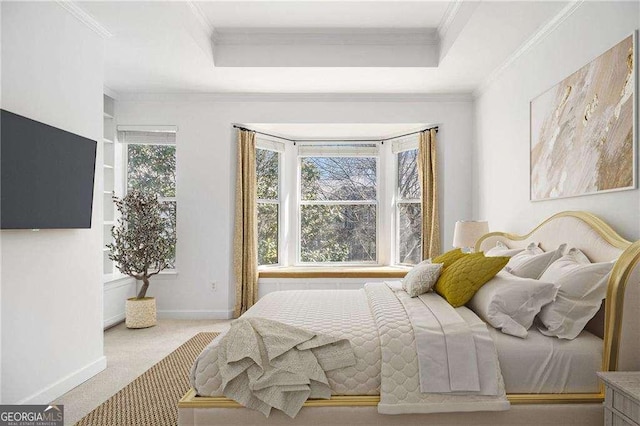 bedroom with multiple windows, carpet, and a raised ceiling