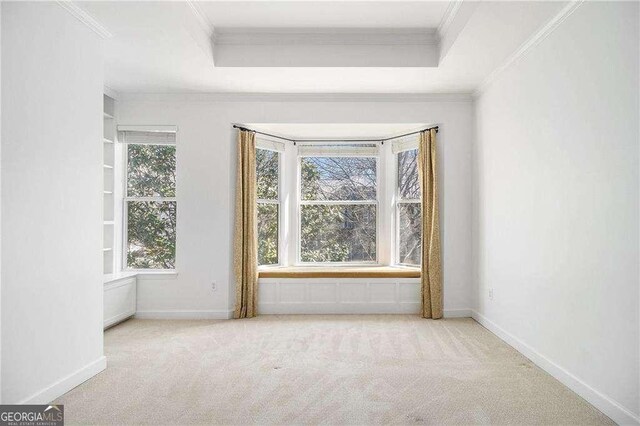 carpeted empty room with a tray ceiling, baseboards, and ornamental molding