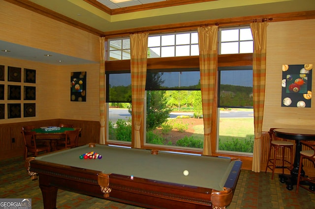 game room with wallpapered walls, pool table, a wainscoted wall, and ornamental molding