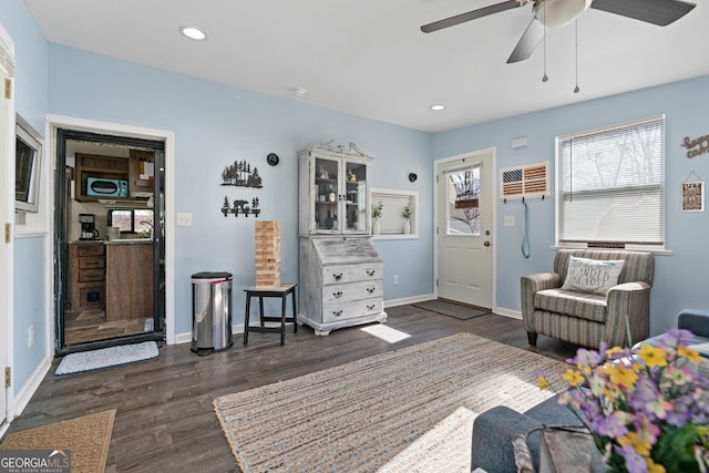 bedroom with wood finished floors, recessed lighting, a ceiling fan, and baseboards