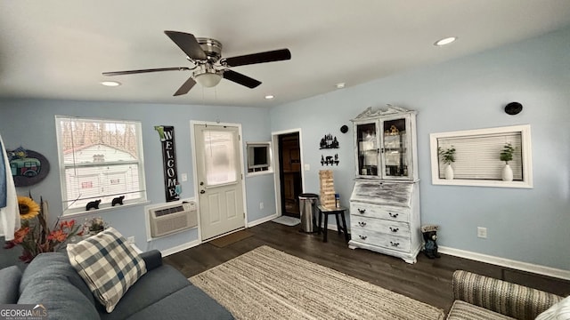 living room with wood finished floors, baseboards, a wall mounted AC, recessed lighting, and ceiling fan