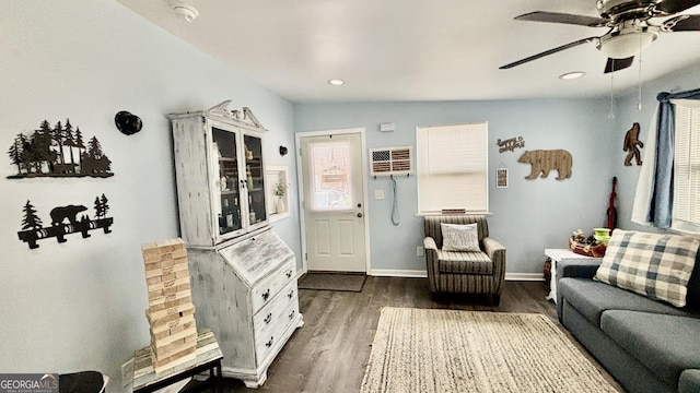 living area with vaulted ceiling, recessed lighting, baseboards, and dark wood-style flooring