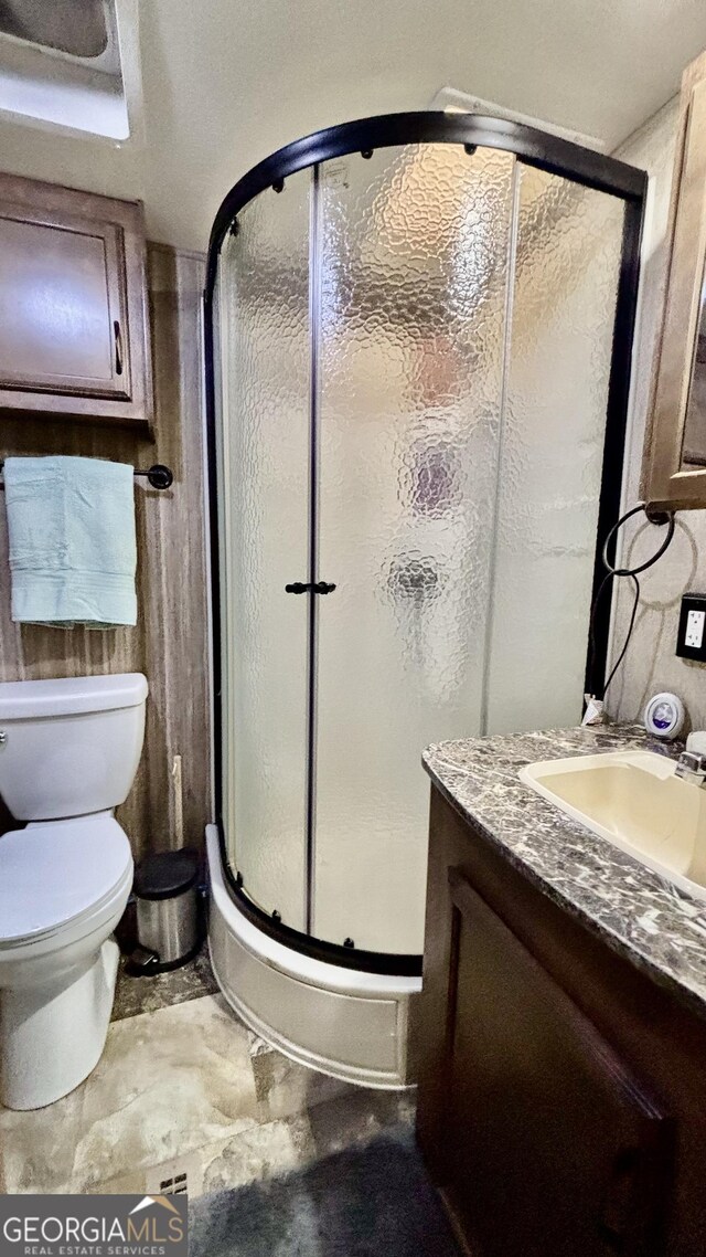 bathroom with a stall shower, toilet, and vanity