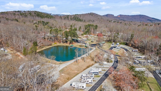 bird's eye view with a water and mountain view and a view of trees