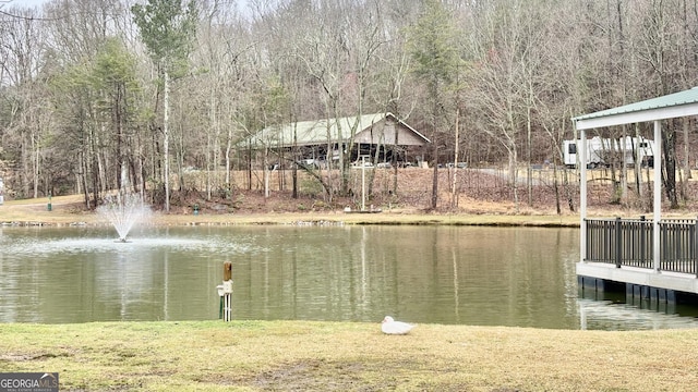 dock area with a yard and a water view