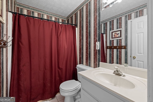 bathroom featuring vanity, wallpapered walls, a textured ceiling, curtained shower, and toilet