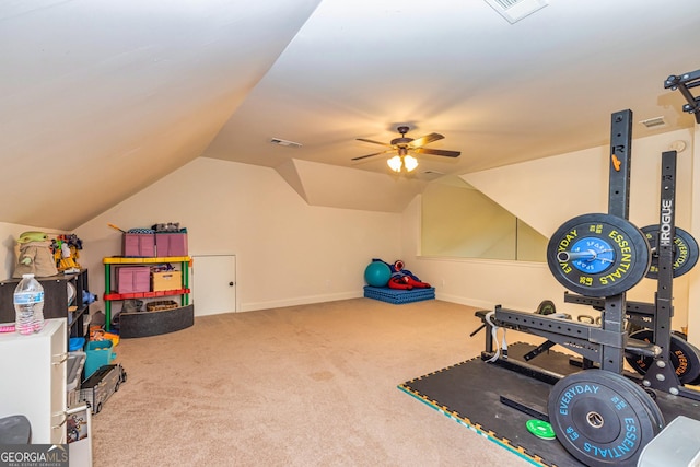 playroom featuring ceiling fan, carpet, vaulted ceiling, and visible vents