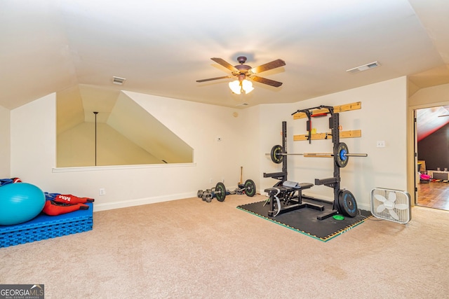 workout room with visible vents, a ceiling fan, baseboards, and carpet flooring