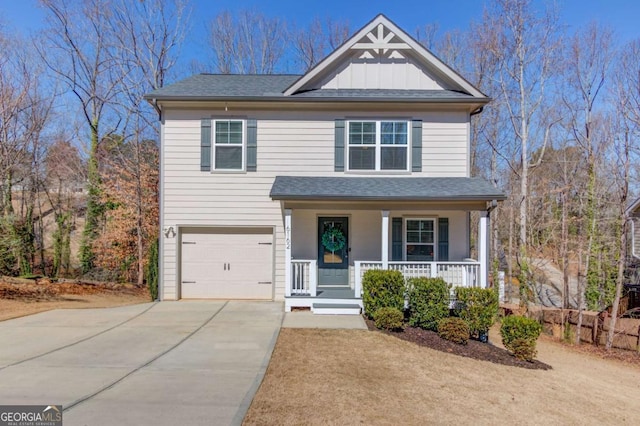 view of front facade featuring driveway, a porch, board and batten siding, roof with shingles, and a garage