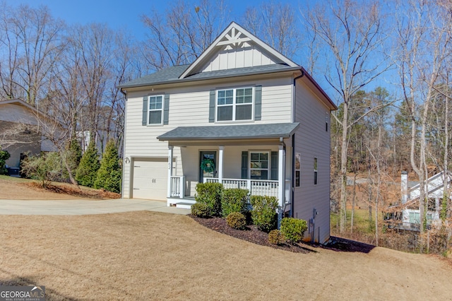 view of front facade with driveway, covered porch, board and batten siding, an attached garage, and roof with shingles